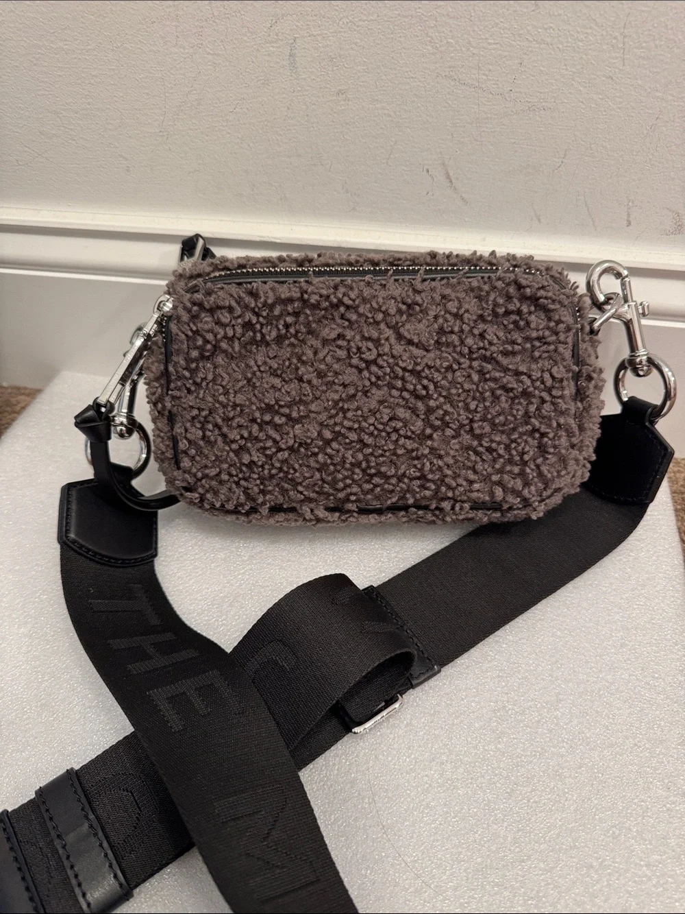Marc Jacobs teddy shearling gray the snapshot crossbody bag purse